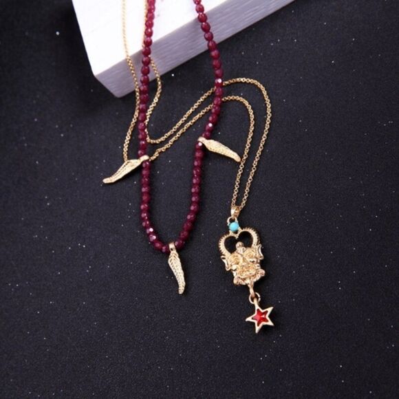 Red Beaded Abstract Rhinestone Vintage Gold Layered Pendant Necklace - Picture 6 of 8